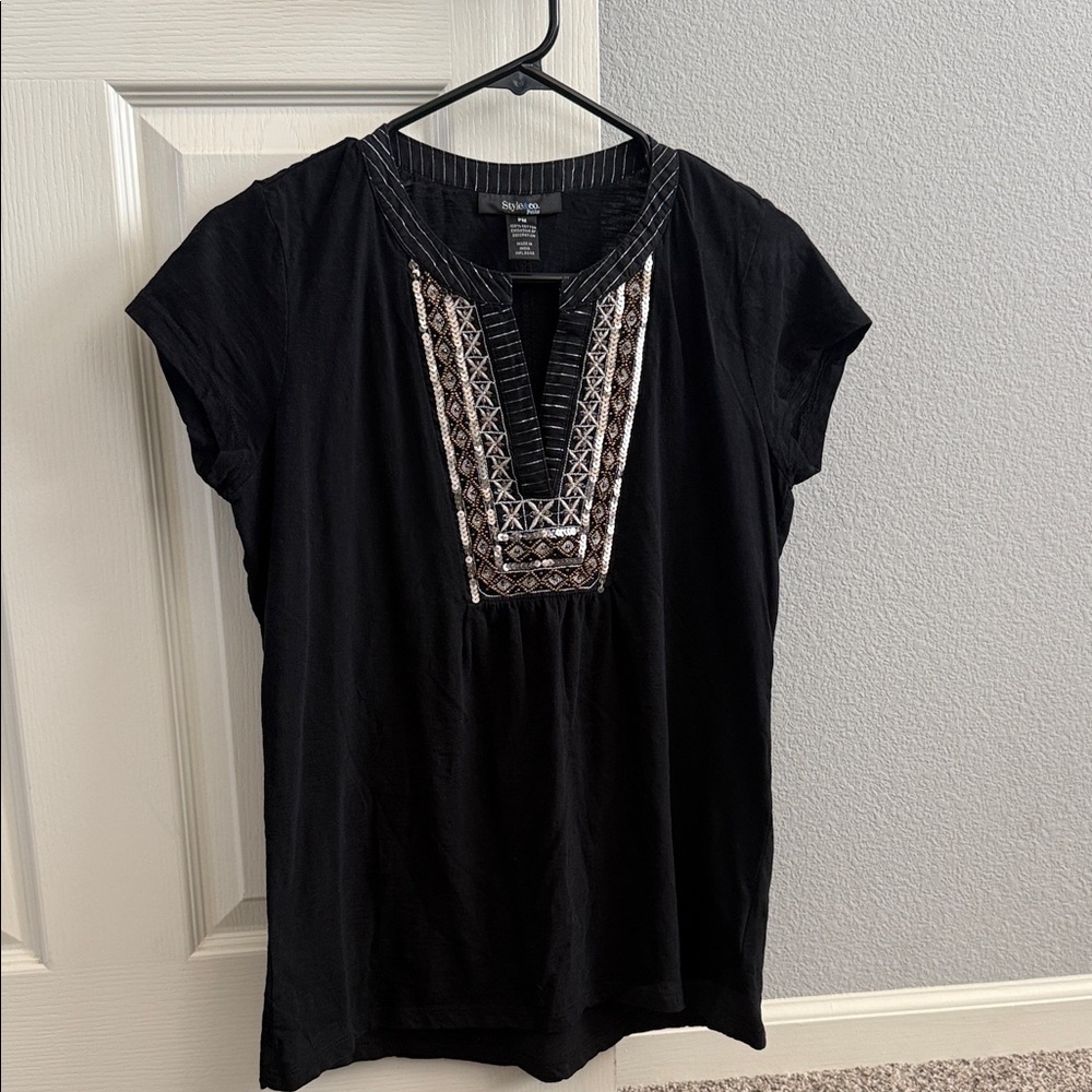 Style & Co. Black Short-Sleeve Top with Silver & Cream Embroidered V-Panel